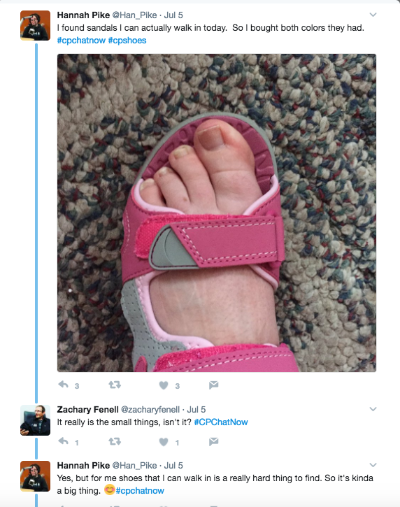Hannah tweets that she found sandals she can walk in and bought both shoes. There is a picture of her foot in a pink sandal. Zach replies that it is the little things in life while Hannah responds she is just happy to find shoes she can walk in