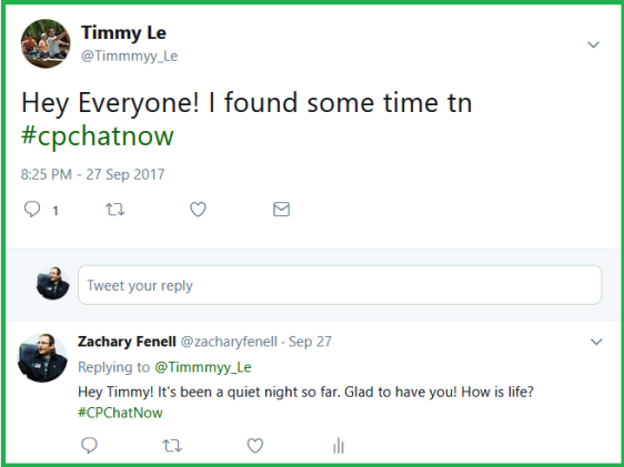 A familiar face to long-time CPChatNow regulars found time for the September 27th Twitter chat, Timmy Le!
