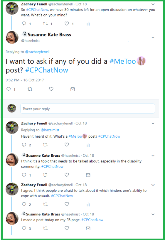 Susanne asks if anyone in #CPChatNow made a #MeToo post.