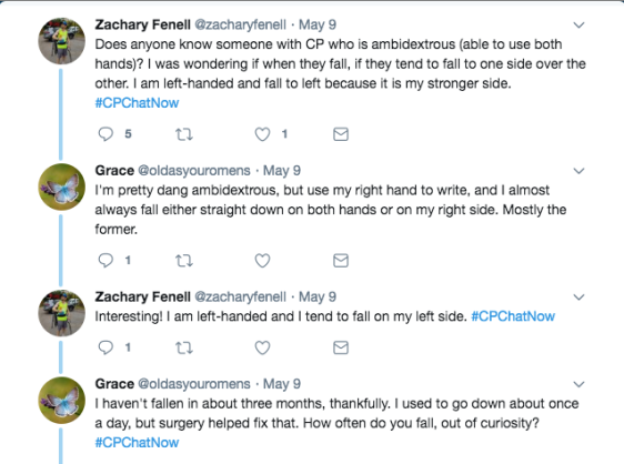 Zach and Grace talking about whether being ambidextrous translated to falling more on one side. Grace tweeted she is, but tends to fall on her right side