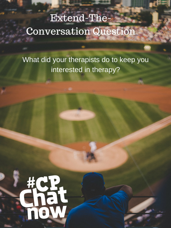 A picture of a baseball stadium in the background. Extend-The-Conversation Question in white with the extend-the-conversation question at the top of the picture. The white #CPChatNow logo at the bottom