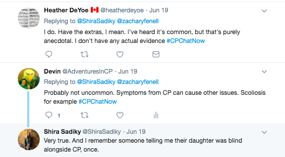 Heather reports she has multiple diagnoses. I point out symptoms from CP can cause other issues