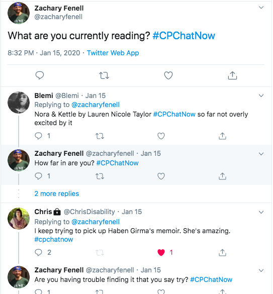 zach asked what people are currently reading. blemi tweeted Nora & Kettle, chris tweeted she is meaning to read Haben Girma's memoir 