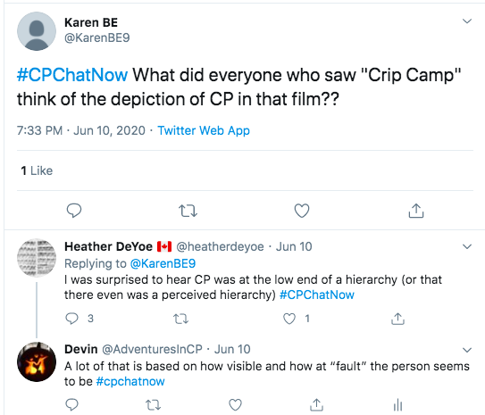 karen asks what people thought of the depiction of cp in crip camp. heather tweets about surpirse of cp being at the low end of hierachy. i tweet about how much of that is how visible cp is 