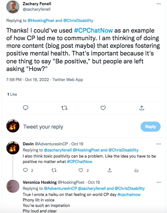 zach tweeted he is hoping to do more content about fostering mental health because people are often left asking how to be positive. i tweeted that toxic positivity can be a problem, like the idea you have to be positive no matter what. veronica tweeted a haiku she did on that topic; phony lift in voice, you're such an inspiration, pity loud and clear. 