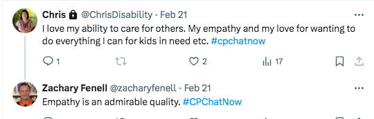 chris tweeted she loves her ability to  care for others including her empathy and love for others. zach tweets empathy is an admirable quality 