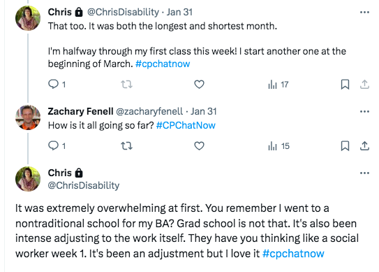 chris tweets grad school is overwhelming at first and adjusting to the work is intense because they have her thinking like a social worker week 1
