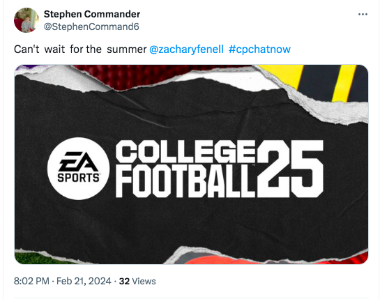 stephen tweeted he can't wait for the summer along with a picture of ea sport's college football 25 
