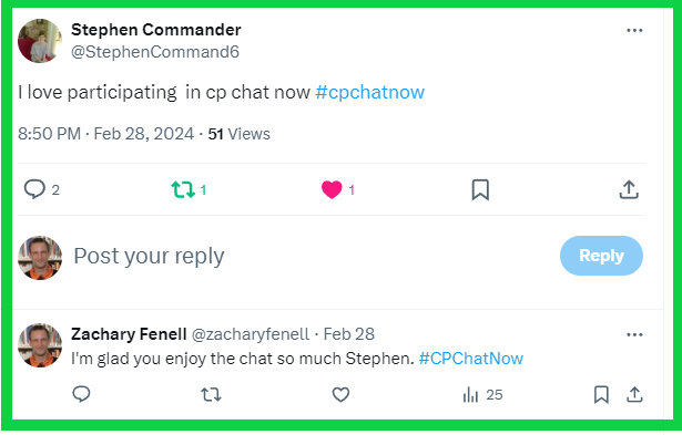 Stephen states his love for participating in #CPChatNow. 
