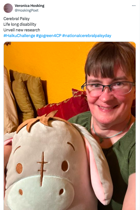 veronica hosking's haiku of: Cerebral Palsy lifelong disability, unveil new research with a picture of Veronica and a stuffed animal 